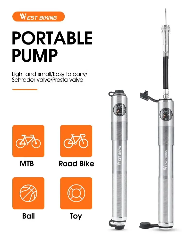 AliExpress West Biking WEST BIKING 160PSI Bike Pump With Gauge Portable Aluminum Alloy Bicycle Pump For Schrader&Presta Valve MTB Road Bike Accessories