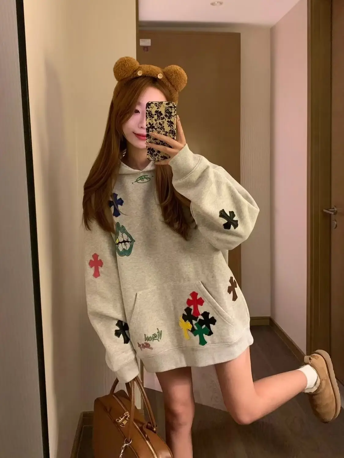 Hoodie Embroidered Colorful Cross Spring And Autumn Women\'S 2024 New Popular Lazy Style Loose Plus Velvet Pullover Sweatshirt