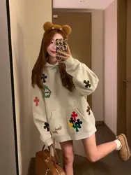 Hoodie Embroidered Colorful Cross Spring And Autumn Women'S 2024 New Popular Lazy Style Loose Plus Velvet Pullover Sweatshirt