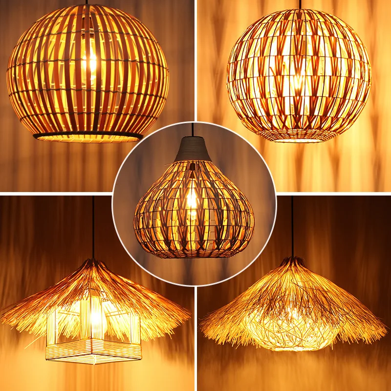 Modern Rattan d-woven Straw Handmade Bamboo E27 LED Warm Light Rattan Cord Ging Lights Wire Suspension Luminaire Vintage image 2