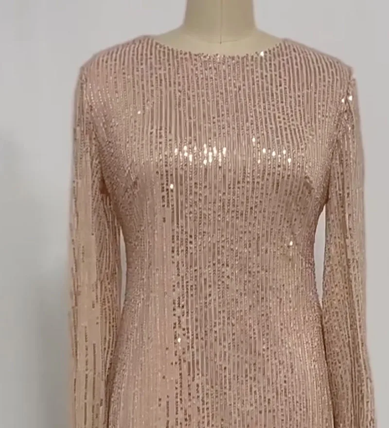 Elegant ผู้หญิงแขนยาวชุดเซ็กซี่เลื่อมรอบคอ Slims ฤดูใบไม้ร่วงฤดูใบไม้ผลิชุดราตรีสั้น Dresses Vestidos