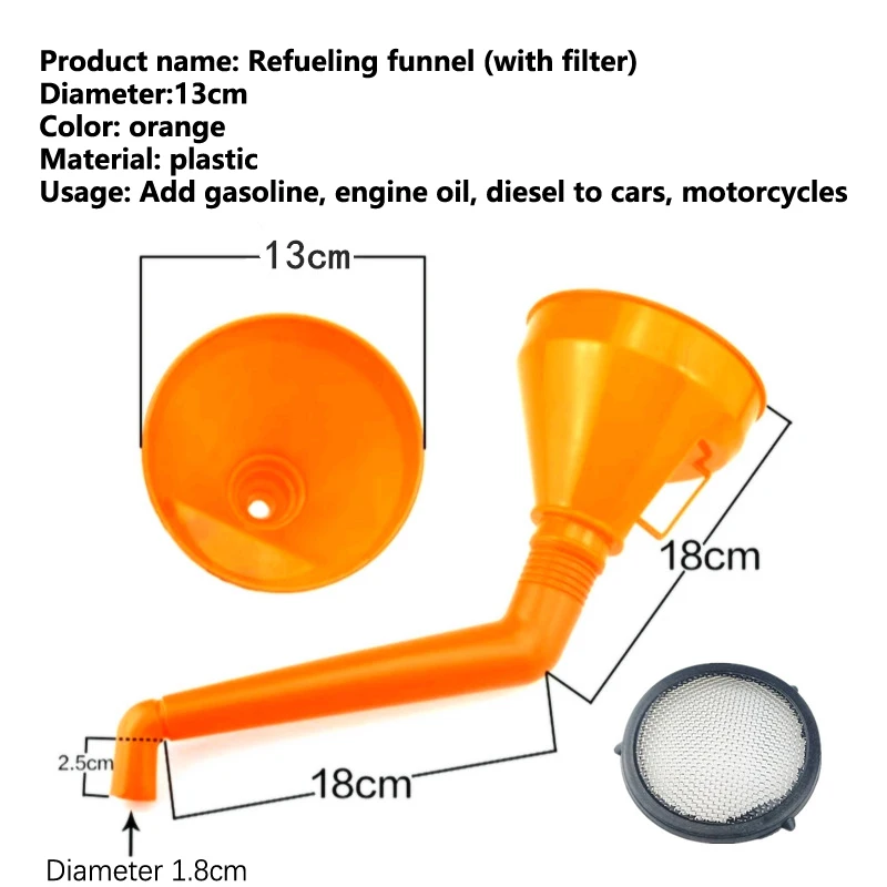 Carro e moto combustível funil com filtro, enchimento de combustível com alça curvada, ferramentas do carro, acessórios de moto, 130 mm