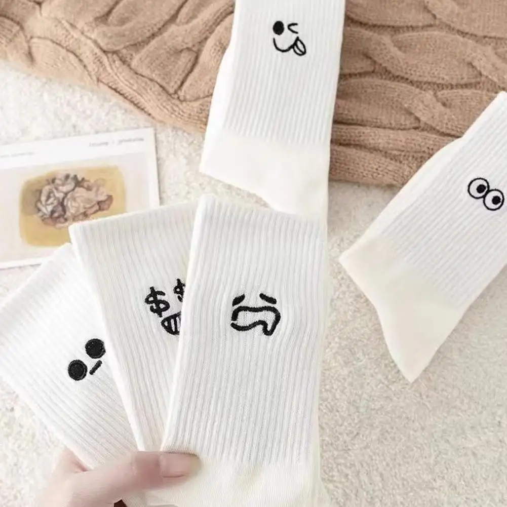 5pairs Cartoon Socks White Cute Funny Socks Mid Tube Fashionable Cute Expression Pattern Socks For Gifts