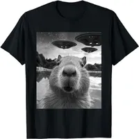 Funny Graphic Unisex Tee Capybara Selfie with UFO Weird print short sleeve T-Shirt high quality cotton crewneck tops Men Tshirt