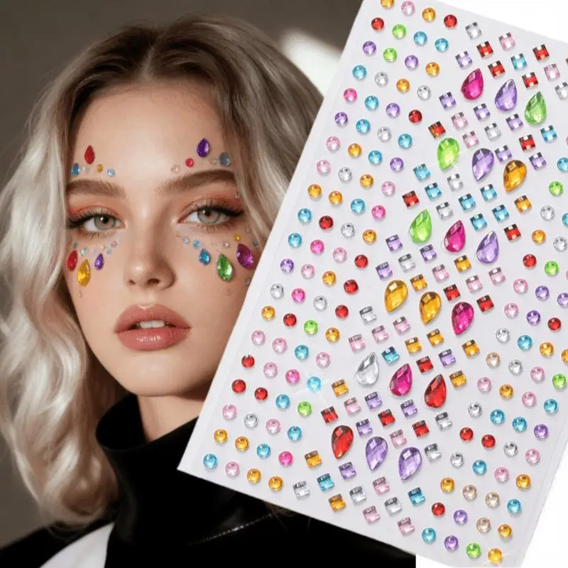 1 Sheet Self-Adhesive Teardrop & Heart Rhinestone Face Gems Stickers Makeup Eye Decals with Multi-Color Face Jewels for Women