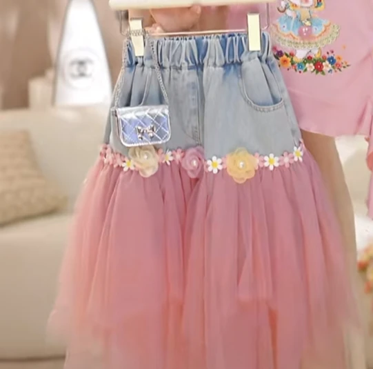 2026 Girls' Cartoon Short T Cowboy Yarn Skirt Two Piece Set