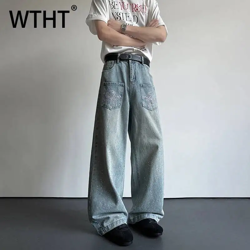 

WTHT Trendy Men's Wash Beads Embroidery Wear Inside Out Design Denim Pant Fashion Wide Leg Straight Jean Male 2026 Summer 2A3095