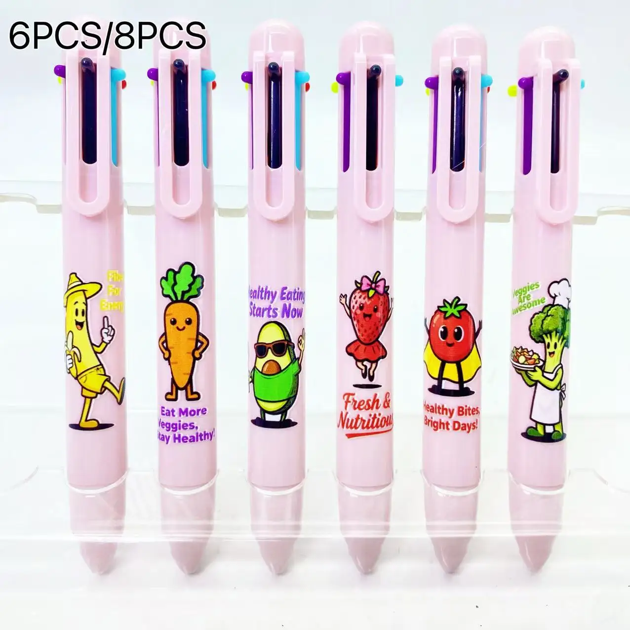

6PCS/8PCS Pink Set Multi-Color Pens Six-In-One Ballpoint Pens Student Writing Markers Healthy Vegetarian Theme round Pen