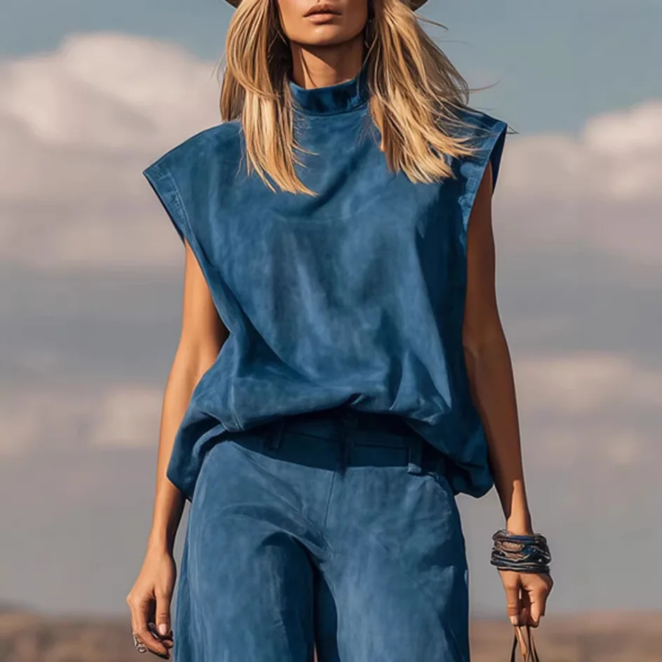 

Women's Vintage Denim Two Piece Set Sleeveless Mock Neck Top With Wide Leg Jeans Casual Outdoor Outfit Summer Streetwear Suits