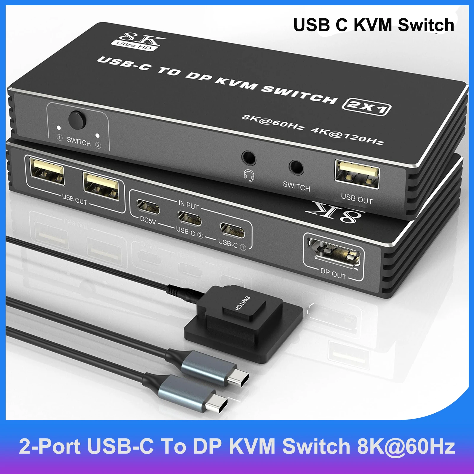 

8K@60Hz USB C KVM Switch 2 Port 4K@120Hz,USB C KVM Switch for 2 Computers with 3 USB 2.0 Ports & Microphone Audio,2 USB-C Cables