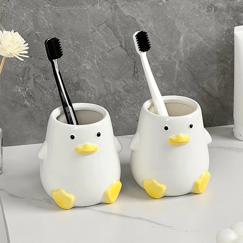 Cute Duck Soap Bottle Gargle Cup Storage Jar Ceramic Bathroom Supplies Household Toothbrush Cup Bathroom Decoration Accessories