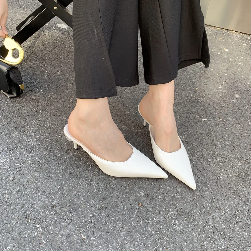 Pointed Toe Women Slides Slippers Outside Mules Shoes Black Gold Silver White Thin High Heels Summer Outside Mules Shoes Office