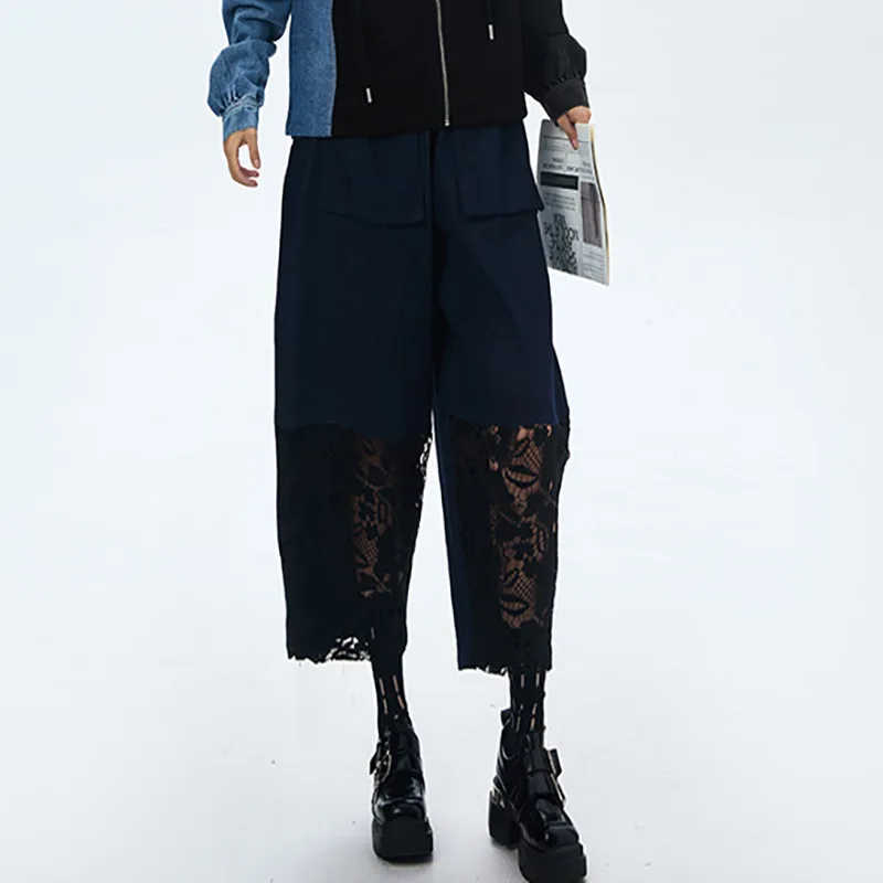 HKSH Women Wide Leg Pants Color Block Patchwork Lace Elastic Waisted Pockets Streetwear Casual Bottoms New Spring Summer HK20550