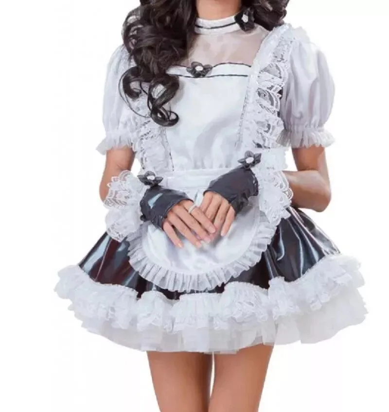 

Sexy sissy French maid black PVC lockable multi-layer lace ruffle edge dress maid cosplay costume customizable