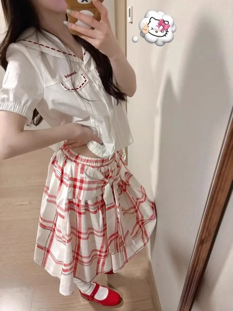 

Kawaii винтажная милая клетчатая юбка трапециевидной формы, женская дизайнерская шикарная лоскутная юбка с эластичной резинкой на талии, женская модная красивая свободная юбка Y2k