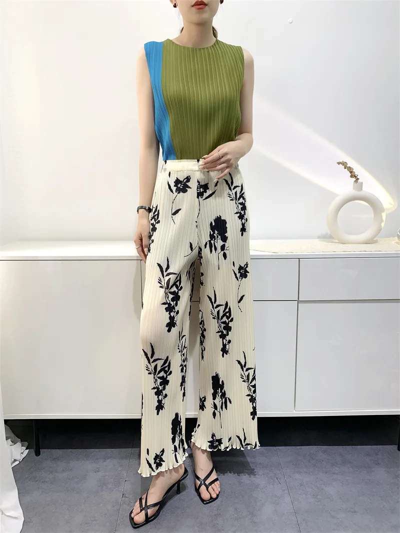 Miyake Straight Pants Women Printed Hit Dense Edge Pleated Pants High Waist Thin Pants 2023 Summer Comfortable Leisure