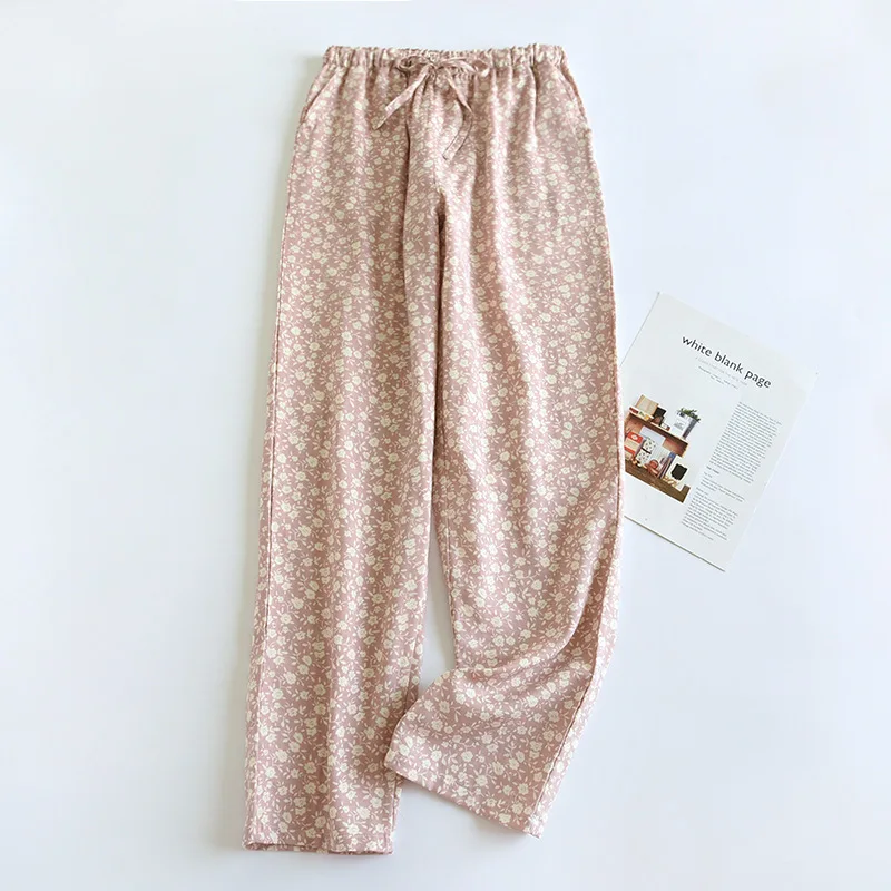 Cotton Floral Pajama Pants Women Big Size Double Gauze Girl Home Trousers Autumn and Winter Loose Lace-Up Sleeping Pants Casual