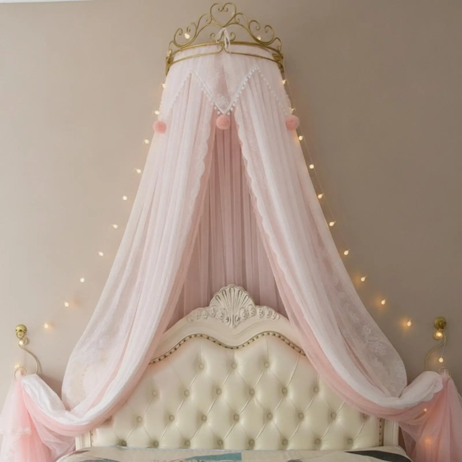 Dreamy Princess Bed Canopy for Girls with Pink Pom Poms White Lace Netting and Gold Tone Crown Top for Kids Bedroom