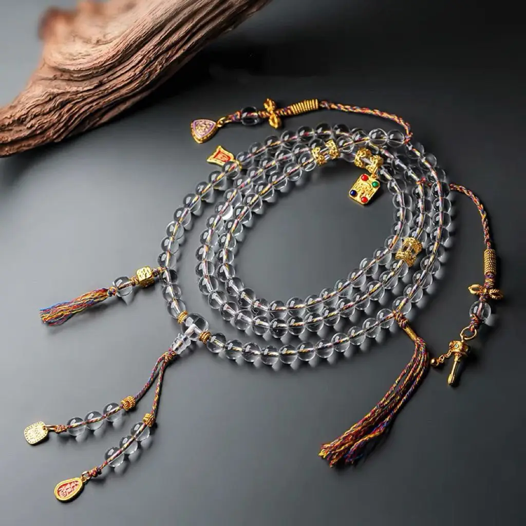 

8-миллиметровые бусины из натурального прозрачного кварца, 108 бусин, ожерелье-мала, лечебное ожерелье ручной работы, буддийские молитвенные бусы, украшения для медитации, духовной практики и йоги