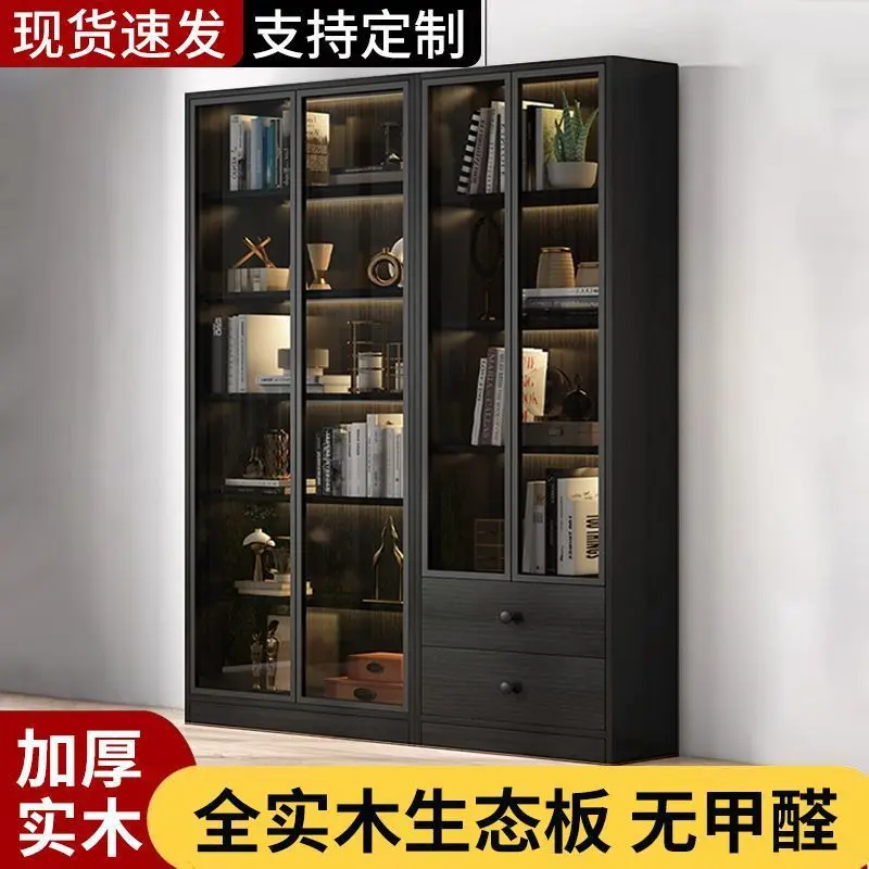 Customized.JGP1 Light Luxury Full Solid Wood Bookshelf with Glass Floor-to-Ceiling Wall Storage Cabinet Display Cabinet In