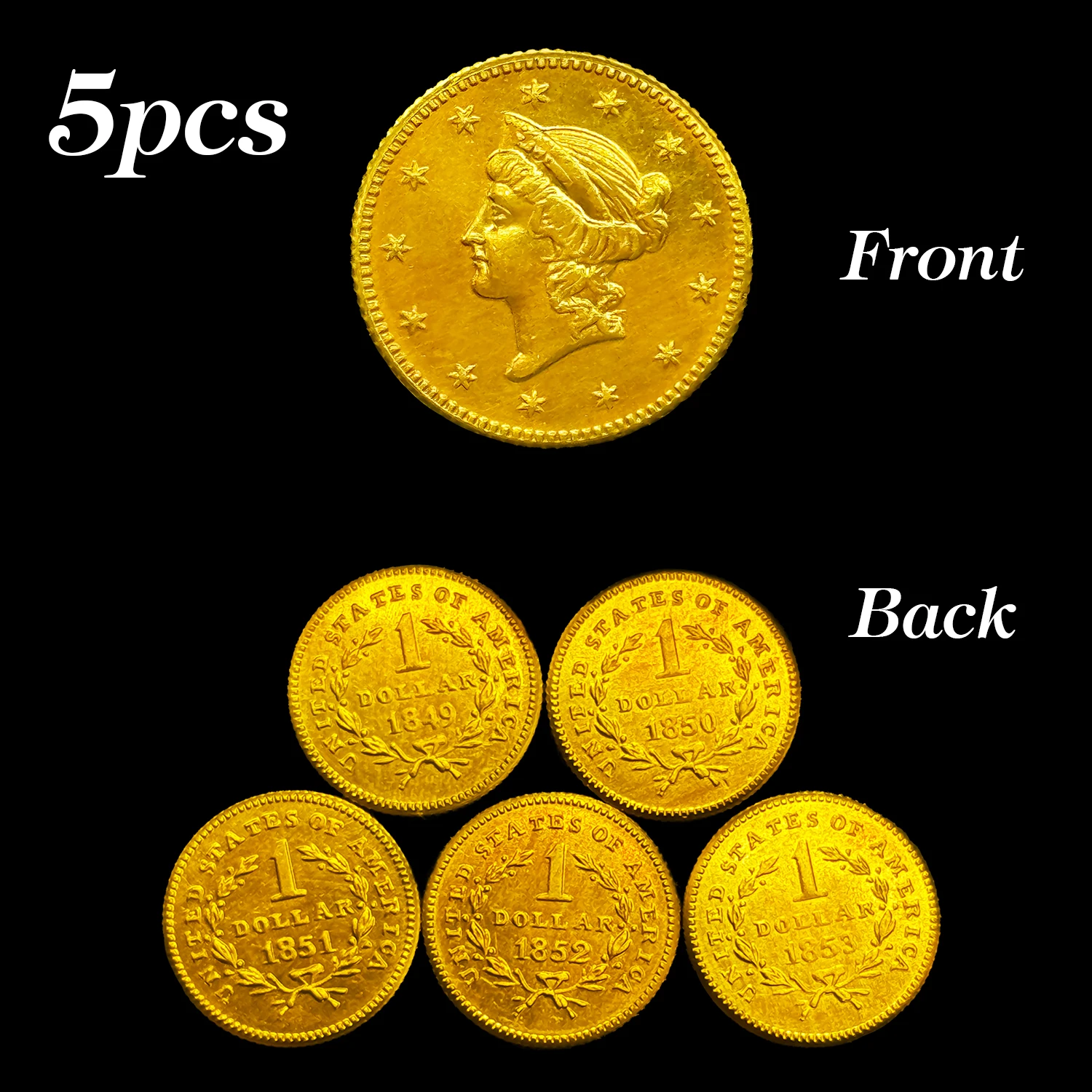 

5pcs US 1849-1853 Statue of Liberty Replica $1 Gold Plated Coins, Craft Commemorative Collectibles, Souvenirs & Challenge Medal