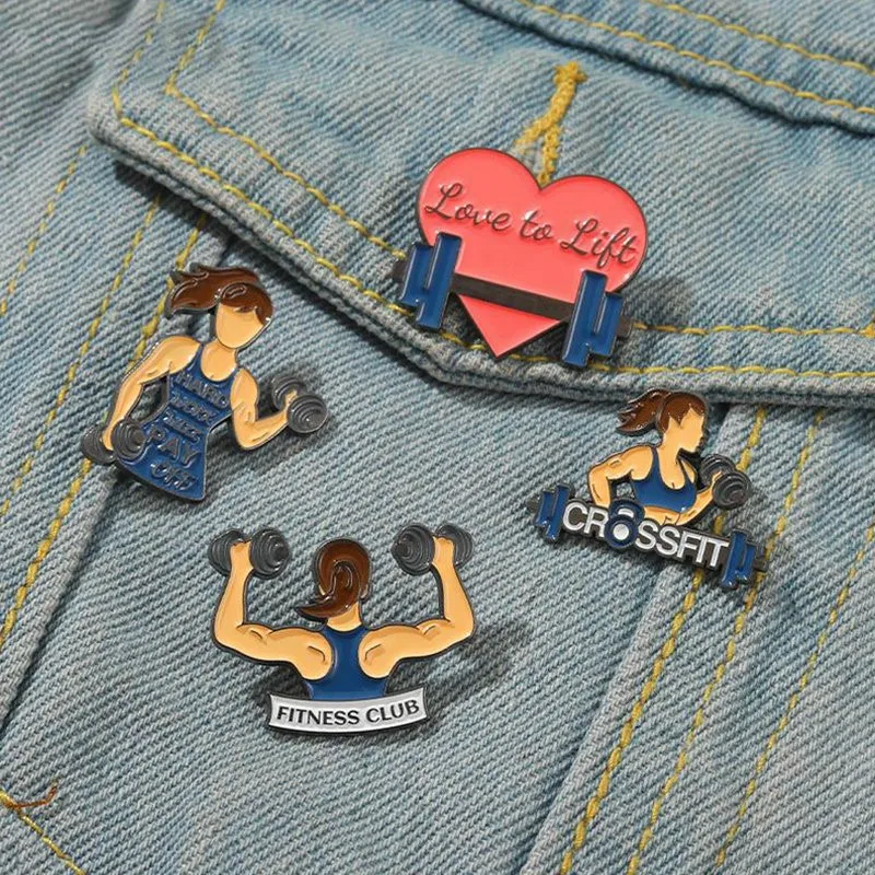 Olahraga Kebugaran Enamel Pin Kustom Gadis Barbel Rompi Garis Kebugaran Klub Bros Kerah Kemeja Tas Lencana Perhiasan Hadiah untuk Teman