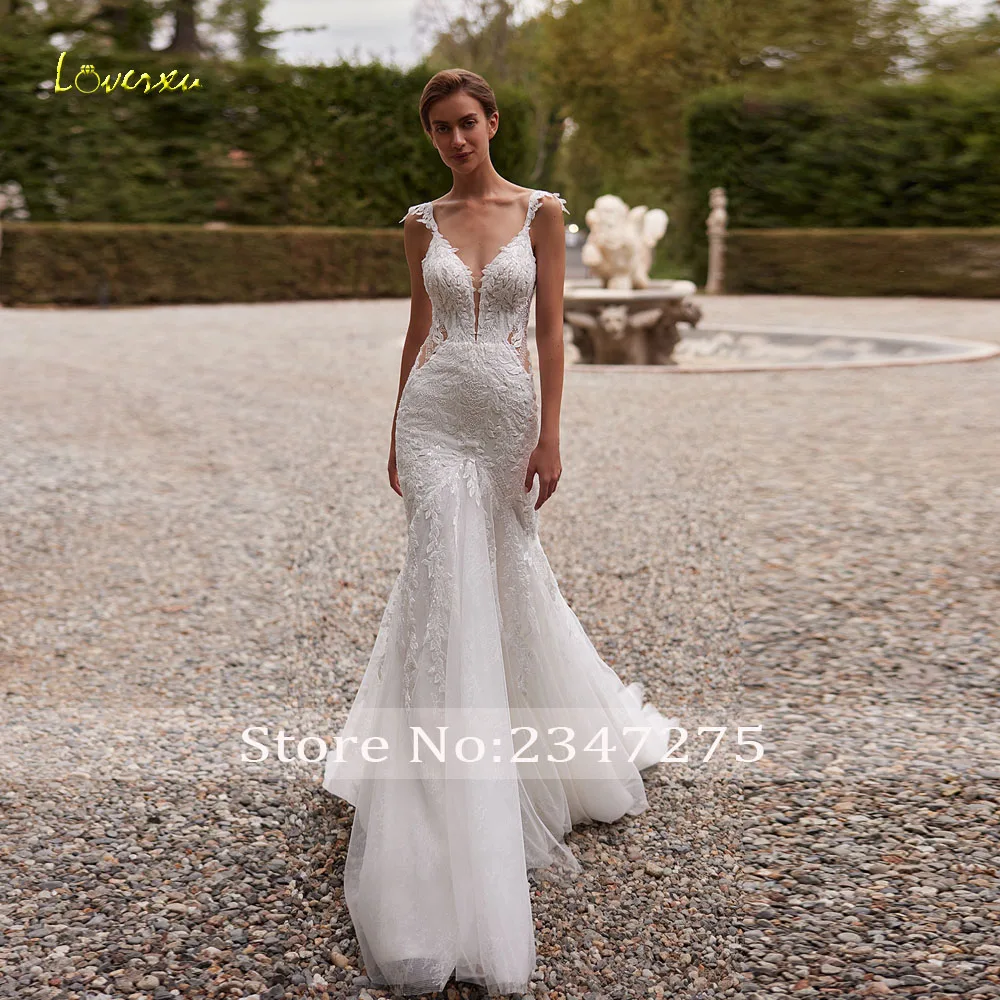 Loverxu Sirena Abiti da sposa sexy Sweetheart senza maniche Vestido De Novia Applicazioni di pizzo Abiti da sposa glamour su misura