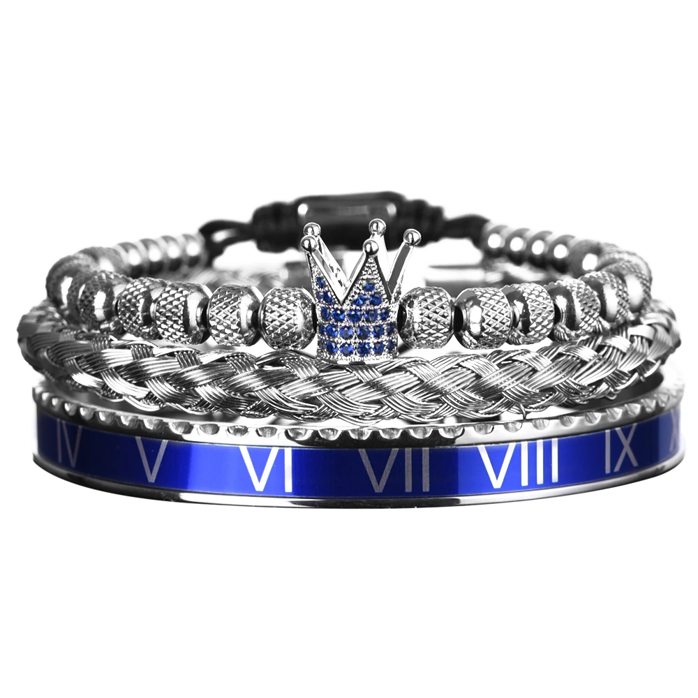 Luxury Roman Royal Micro Pave Blue CZ Crown Sets Bracelet Men Stainless Steel PulseirasOpen Adjustable Jewelry Dropshipping