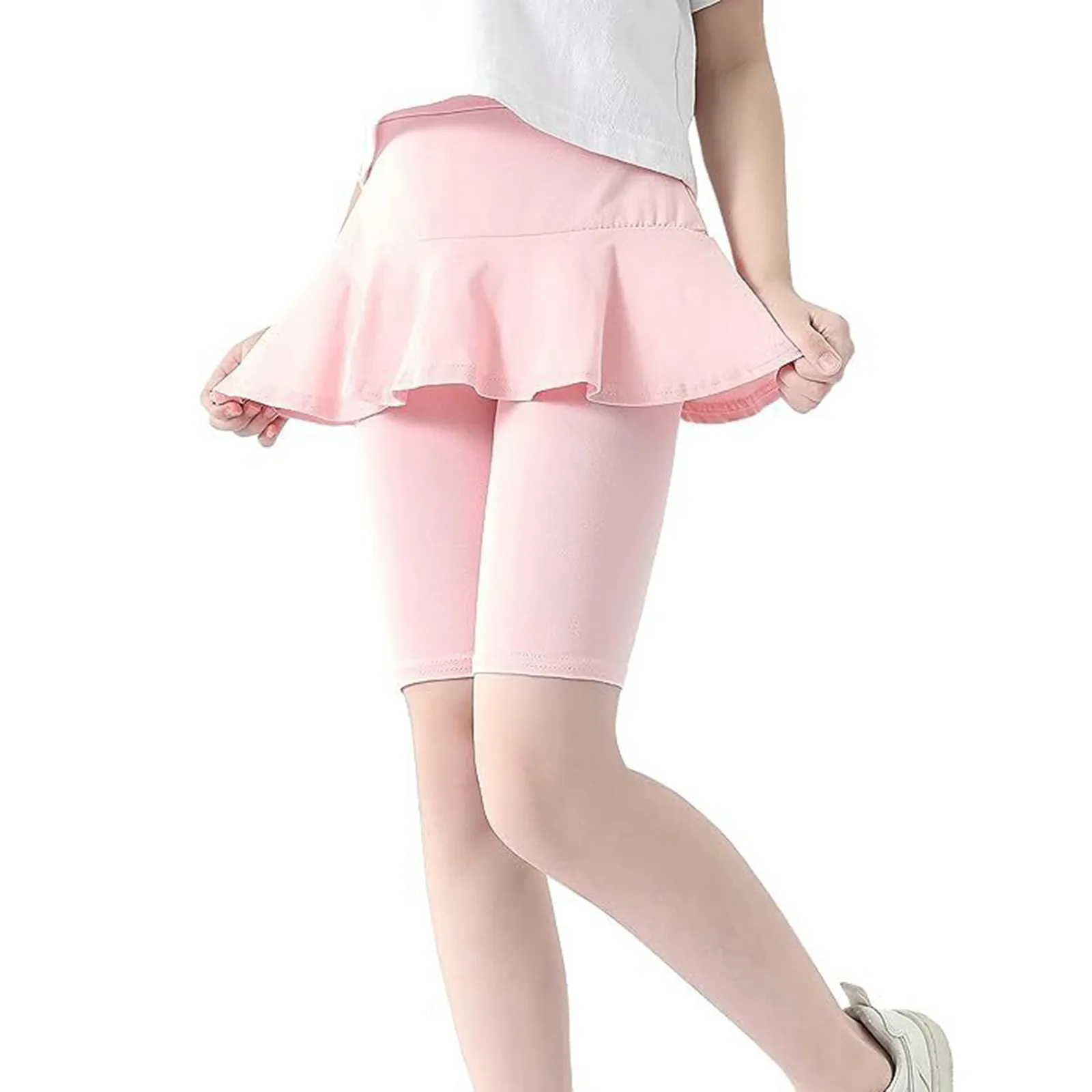 SheeCute-mallas ajustadas de algodón hasta la rodilla para niñas, pantalones atléticos elásticos, falda con volantes, Color caramelo, Verano