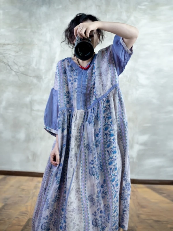 Blue And White Porcelain Hemp Dress Women's Elegant Slimming Seven-Quarter Sleeve Printed V-Neck Dress Commute Style A-Line S...