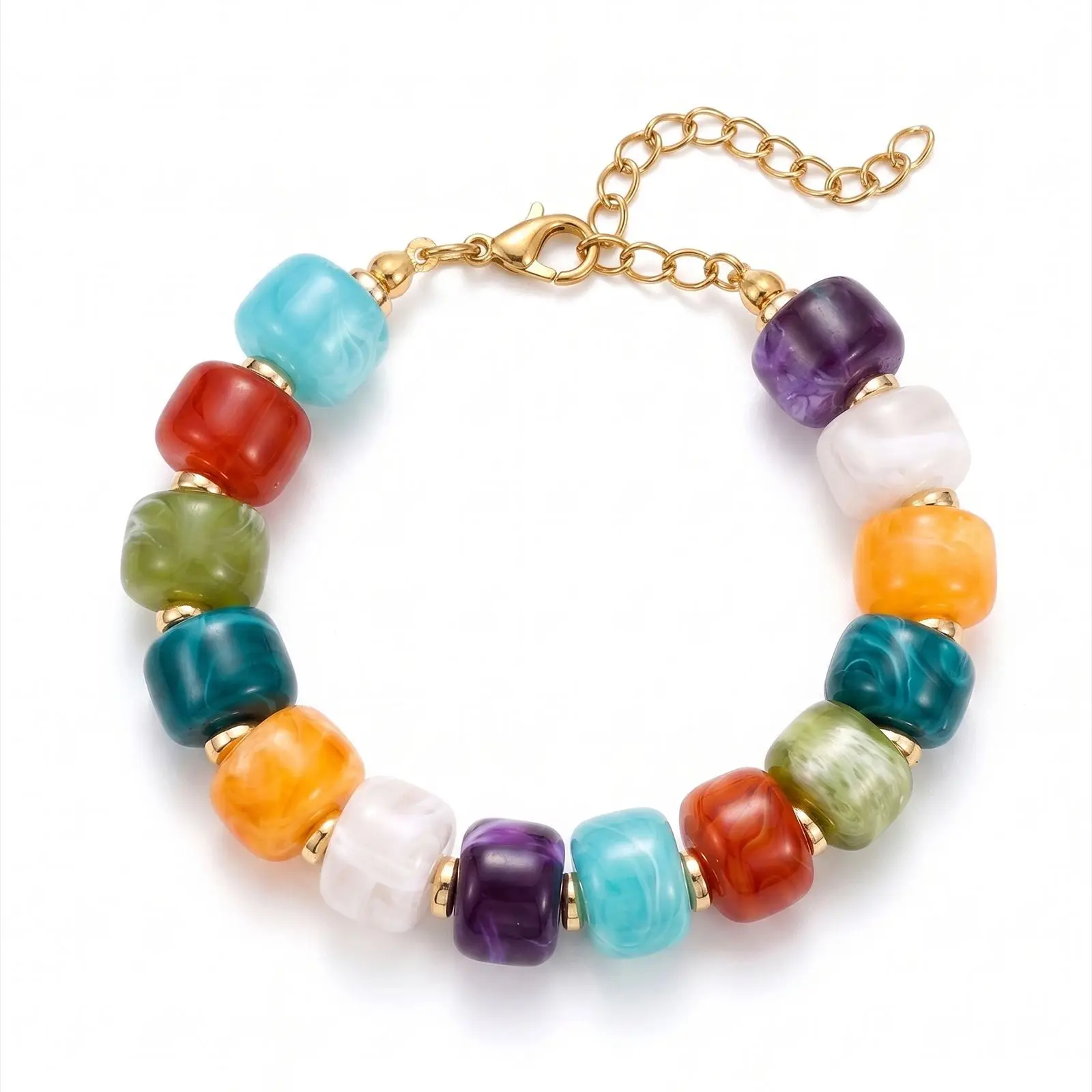 Bohemian Rainbow Acrylic Square Beaded Bracelet for Women Adjustable Summer Vacation, Colorful Candy Collision Jewelry Gift