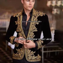 Luxury Gold Embroidery Men Suits Black Velvet Wedding Groom Tuxedo 2 Pieces Sets Male Prom Blazers trajes de hombre elegante