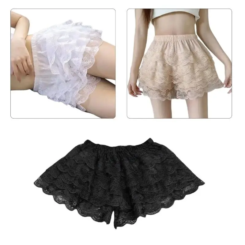 Women Layered Ruffle Lace Trim Safety Shorts Half Slip Underpant for Under Dress X4YC