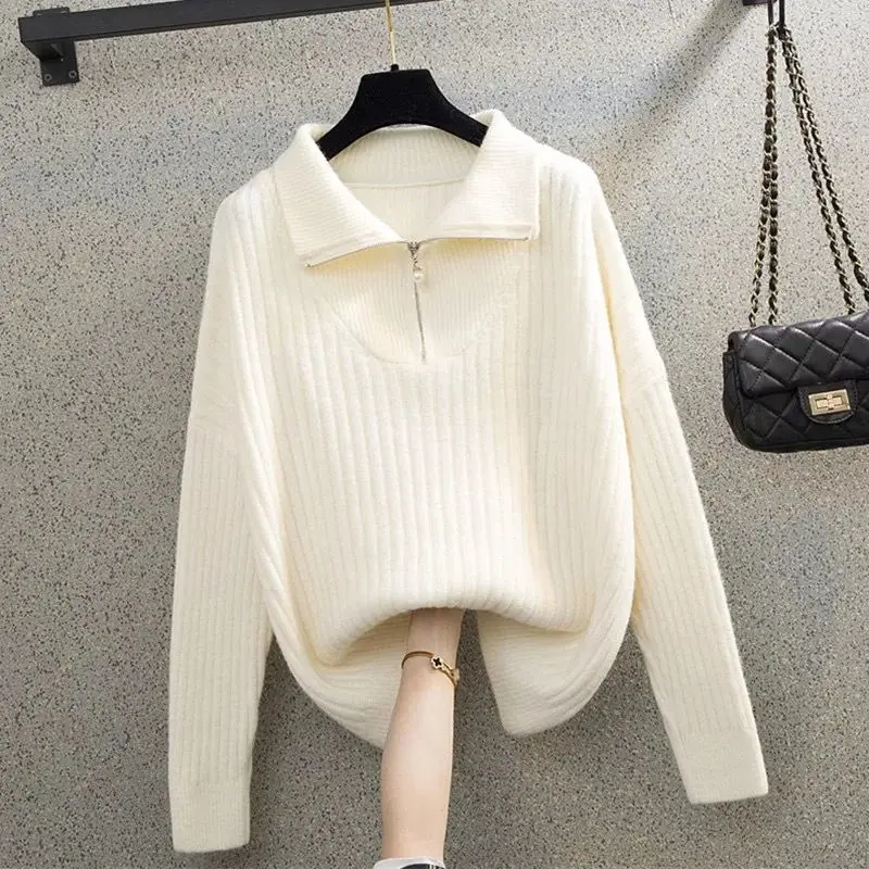 Women Half Turtleneck Zipper Sweater Korean Fashion Solid Colors Knitted Pullover Loose Basic Knitwear Long Sleeve Top Casual