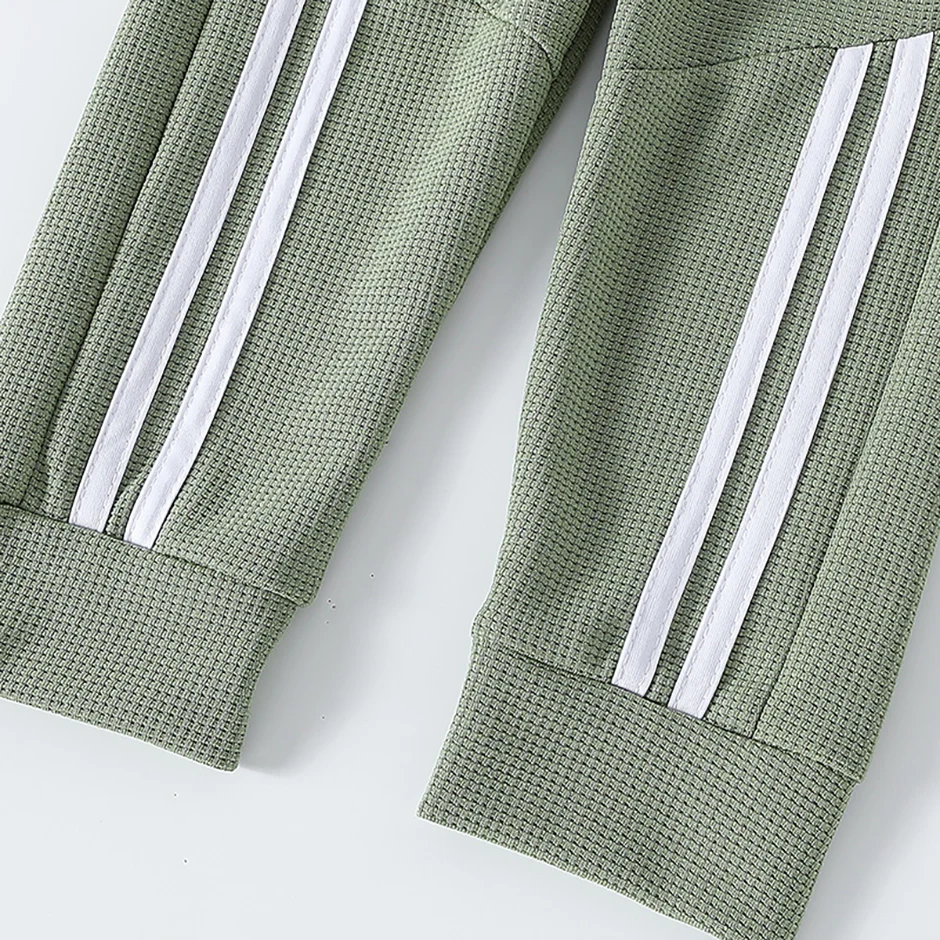 3-teilige Herbst-Kinderhose, einfarbig mit Seitenstreifen, mehrfarbig, modische Waffelstoffhose, lässig, für den täglichen Gebrauch, sportlich, bequem – Detail 7