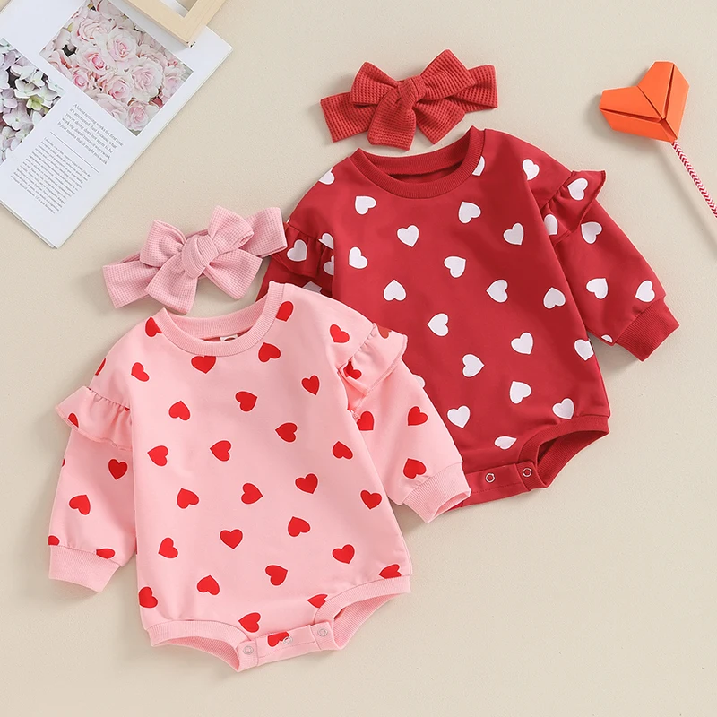 

Autumn Newborn Baby Girl Valentine's Day Outfits Ruffle Long Sleeve Heart Print Romper with Headband Set Infant Clothes