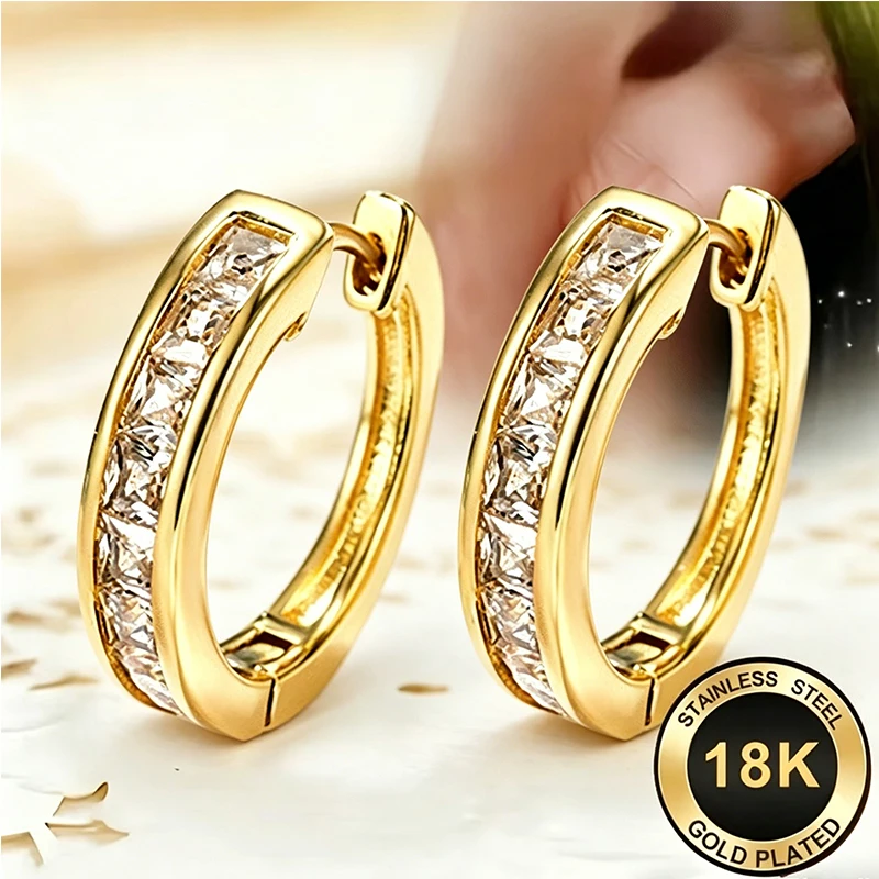 18K Gold Plated Stainless Steel Cubic Zirconia Huggie Hoop Earrings For Women Hypoallergenic Fashion Jewelry Gift