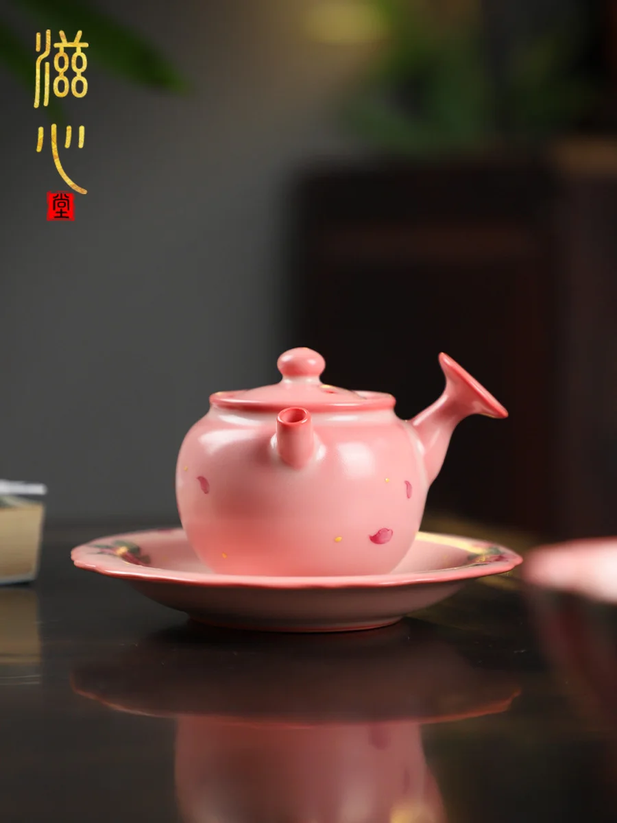 High-End Celadon Hand Painted Camellia Side Handle Pot Japanese Ceramic Teapot Small Capacity Retro Teaware