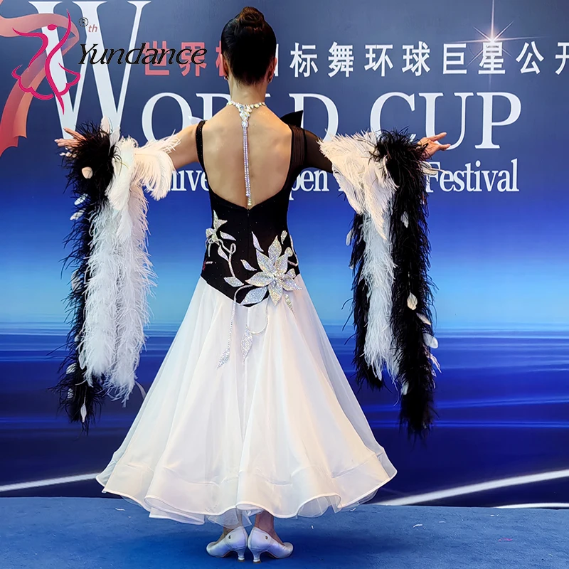 B-25044-1 Yundance Ballroom Dance Plus Size Women's Dresses Competition Waltz Modern Costume White Black Rhinestone Chiffon
