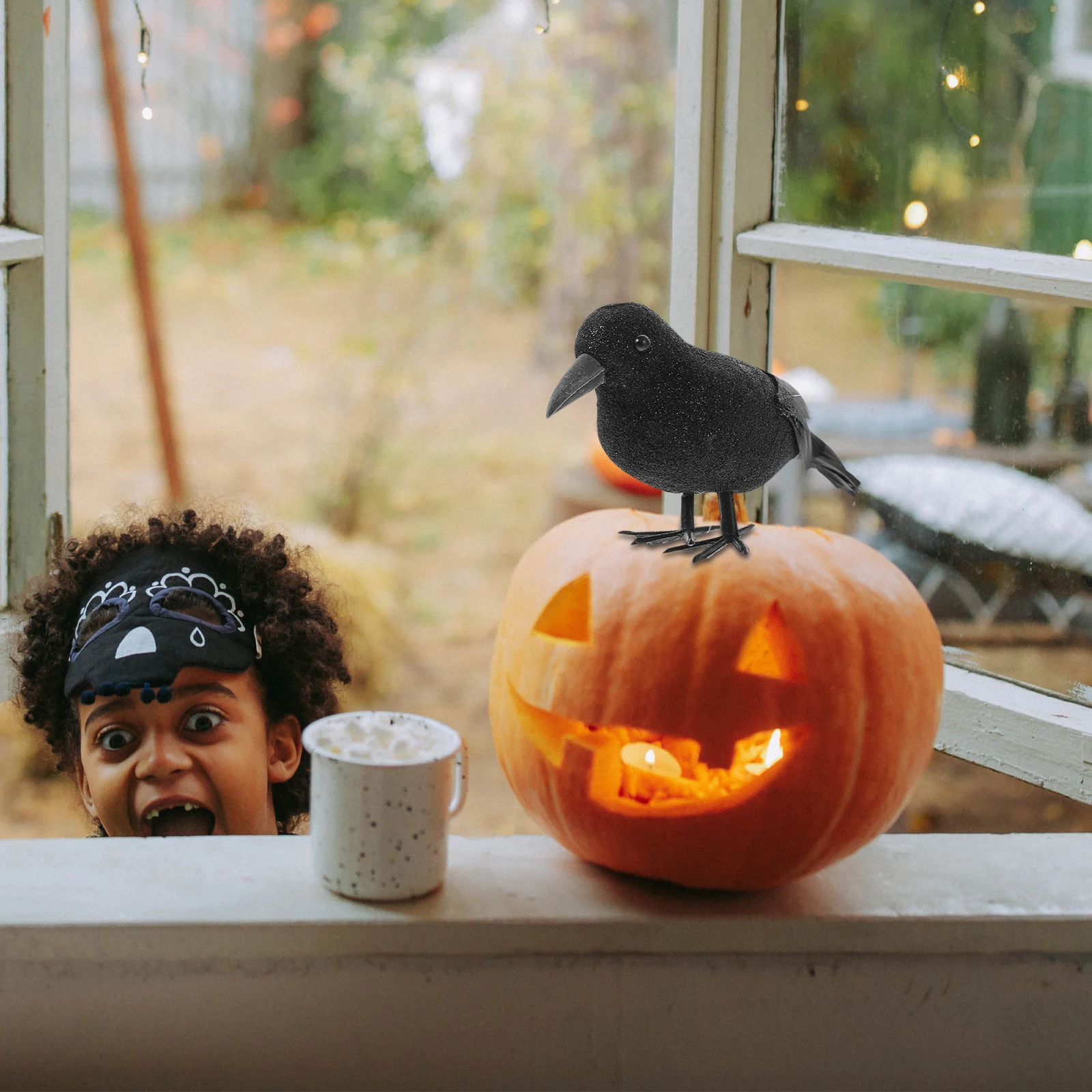 

2Pcs Black Feather Crow Figurine Haunted House Halloween Decor Simulation Festival Ornament