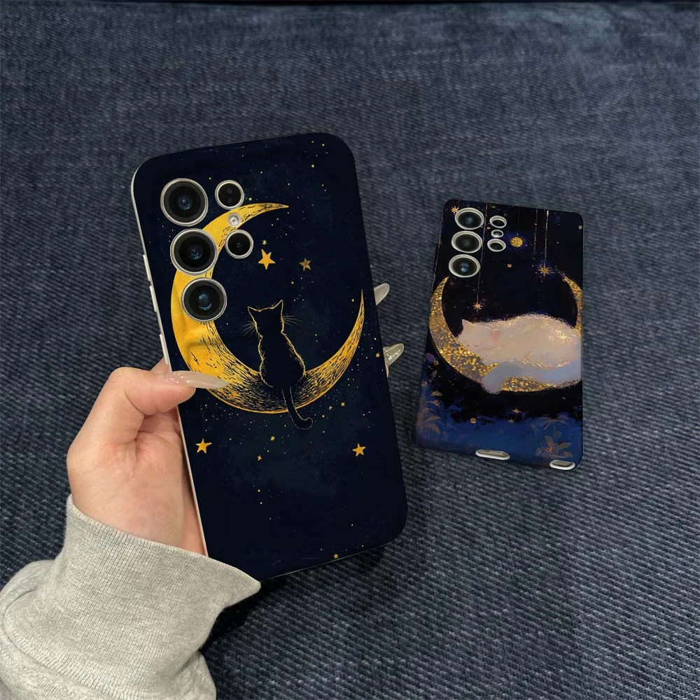 

Cartoon White Cat Moon Phone Case For Samsung Galaxy S21 S23 S24 S25 S26 FE Lite Plus Ultra 5G Wave Oil Film