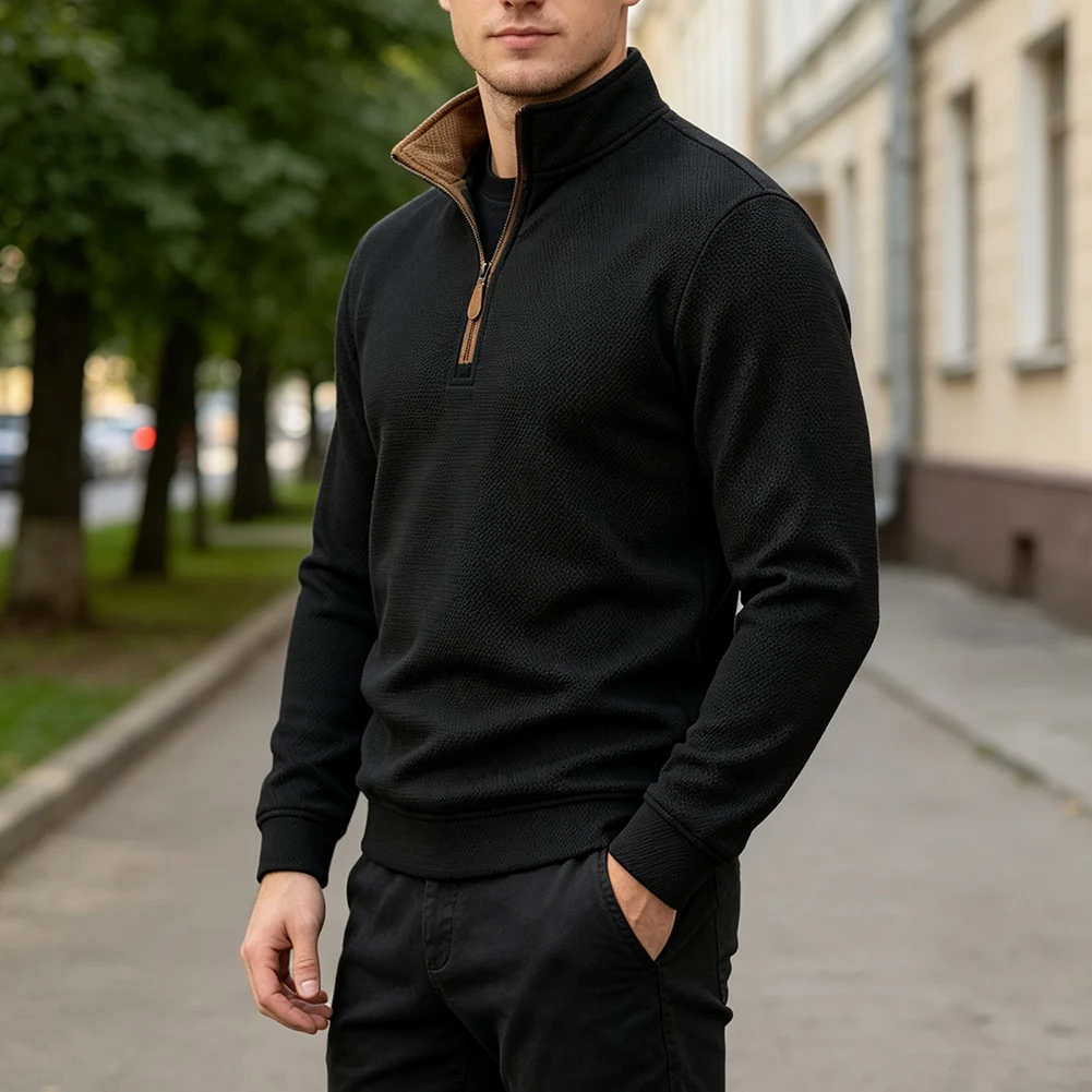 Fleece Lined Waffle Half Zip Sweatshirt for Men Featuring Color Block Design Stand Collar and Regular Length for Daily Wear