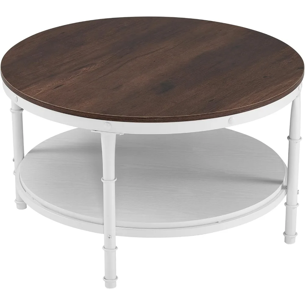 Mesa de centro redonda de madera de roble blanco rústico, centro de almacenamiento de 2 niveles, Centro de acento circular para sala de estar y dormitorio, 31,5"