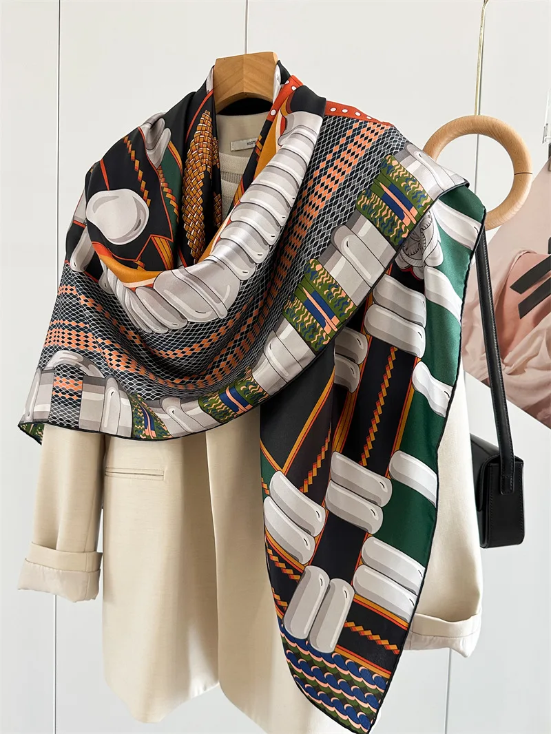 Saddle Print Silk Scarf Luxury Designers Hand-rolled Edges Large Shawls Women Bandanas Accessories Belt Hair Neck Decorations view 4