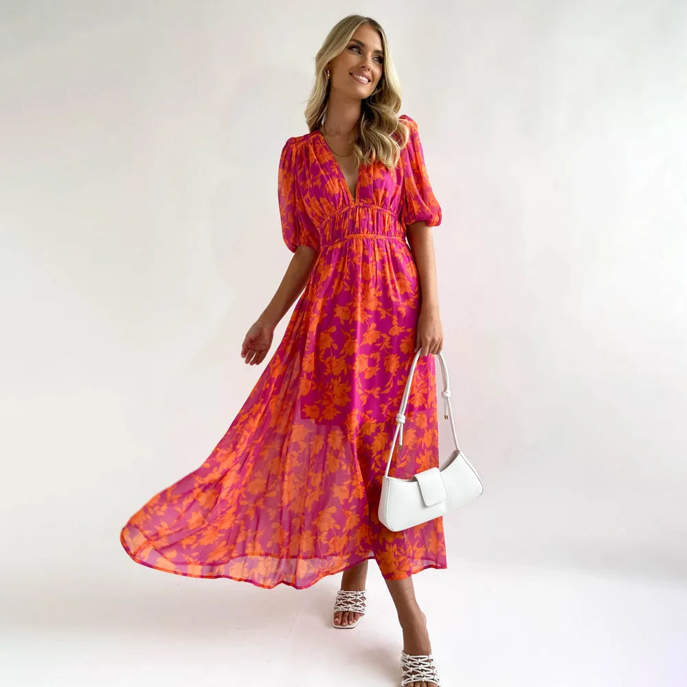 2026 moda Boho vestido largo con estampado Floral para mujer nueva primavera verano manga corta cuello en V estilo elegante Maxi vestidos bata femenina