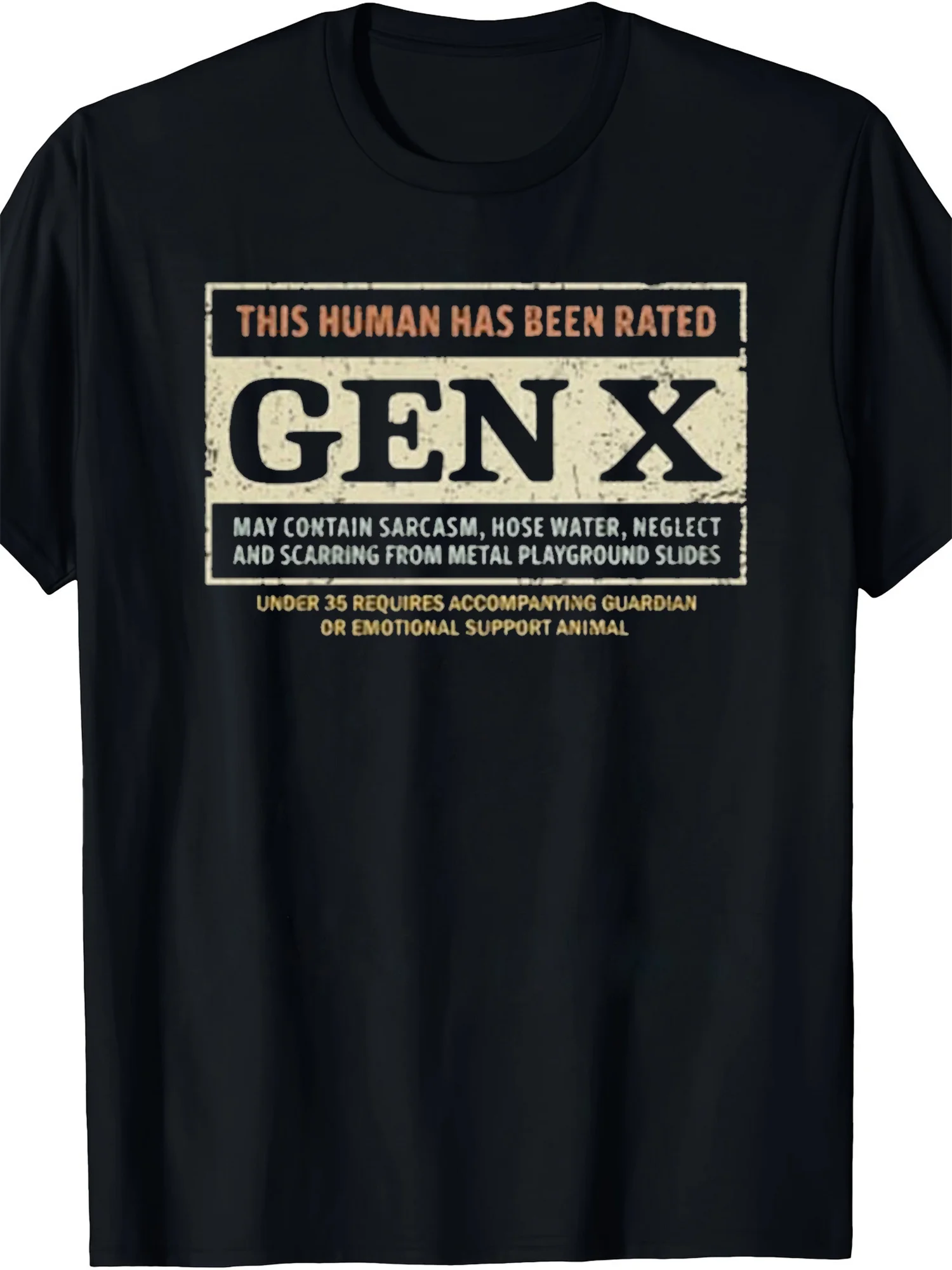 Men's X Generation Rating Graphic T-Shirt - 100% Cotton Comfort Fit, Humorous Yellow Text Print, Machine Washable Casual Outdoor Wear, Adult Black Loose Fit Shirt, Durable Printed Top