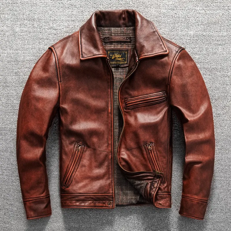 Soft top layer cowhide and leather classic men's casual coat