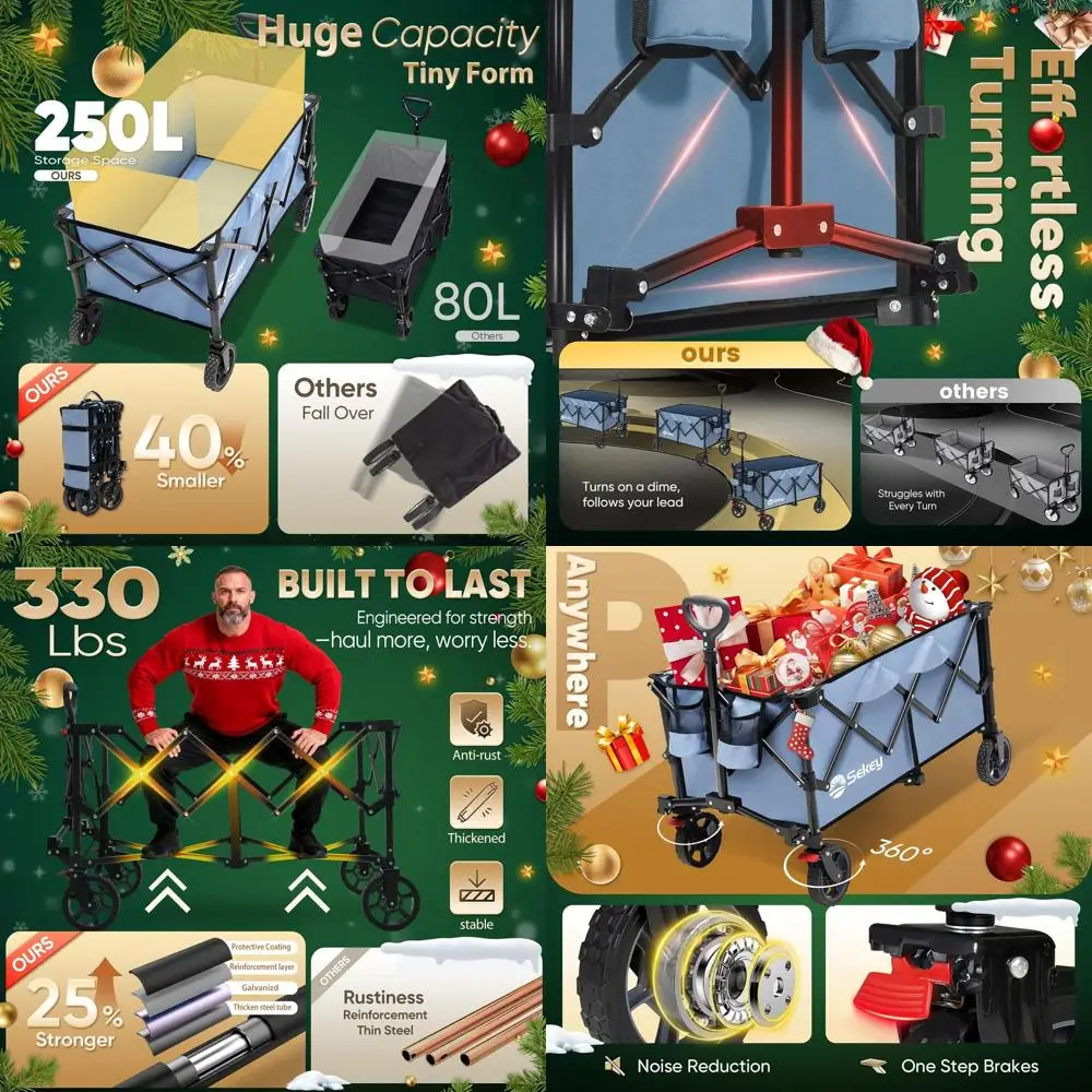 

Сверхмощный синий складной фургон емкостью 330 фунтов, вездеходными колесами и держателями для напитков