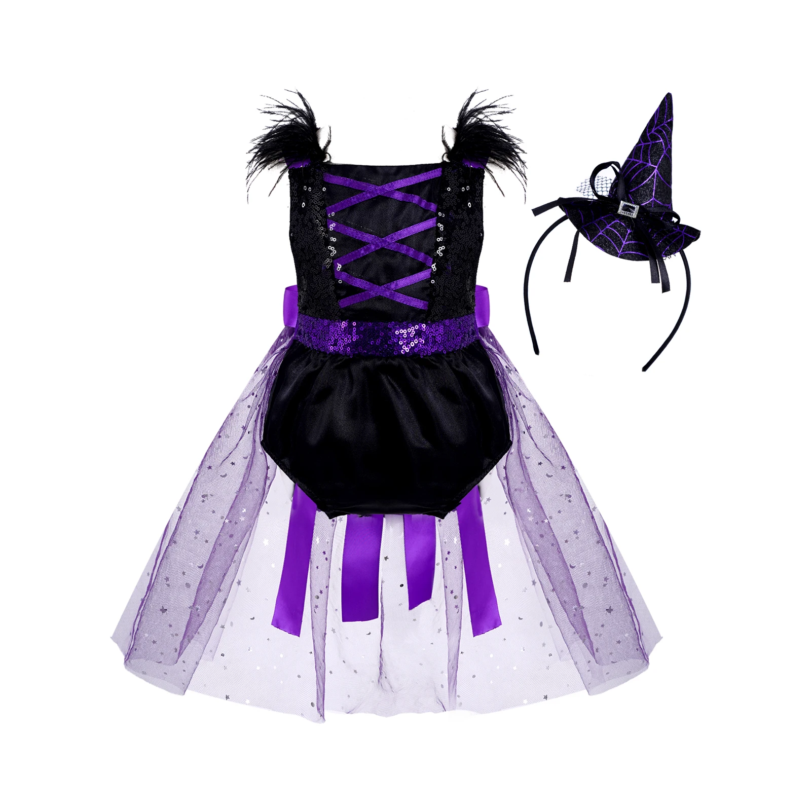 Disfraz de bruja con plumas para niñas, pelele adornado con malla de lentejuelas, con aro de pelo para Halloween, 3M-4T