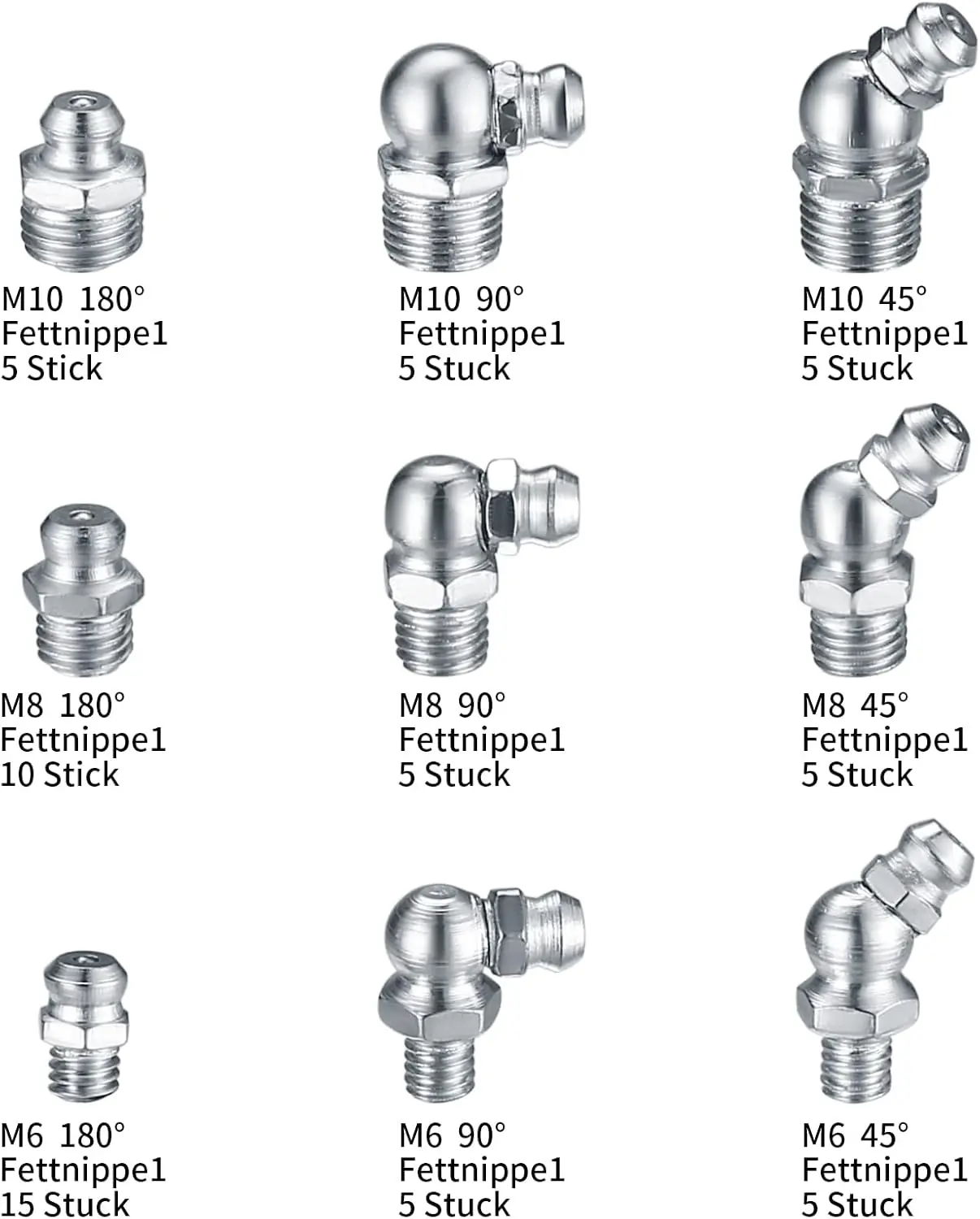 - 60Pcs Metric Grease Fittings ,Straight and Angled Grease Zerk , M6 M8 M10 180 45 90  Hydraulic Grease Zerk Assortment for Angl